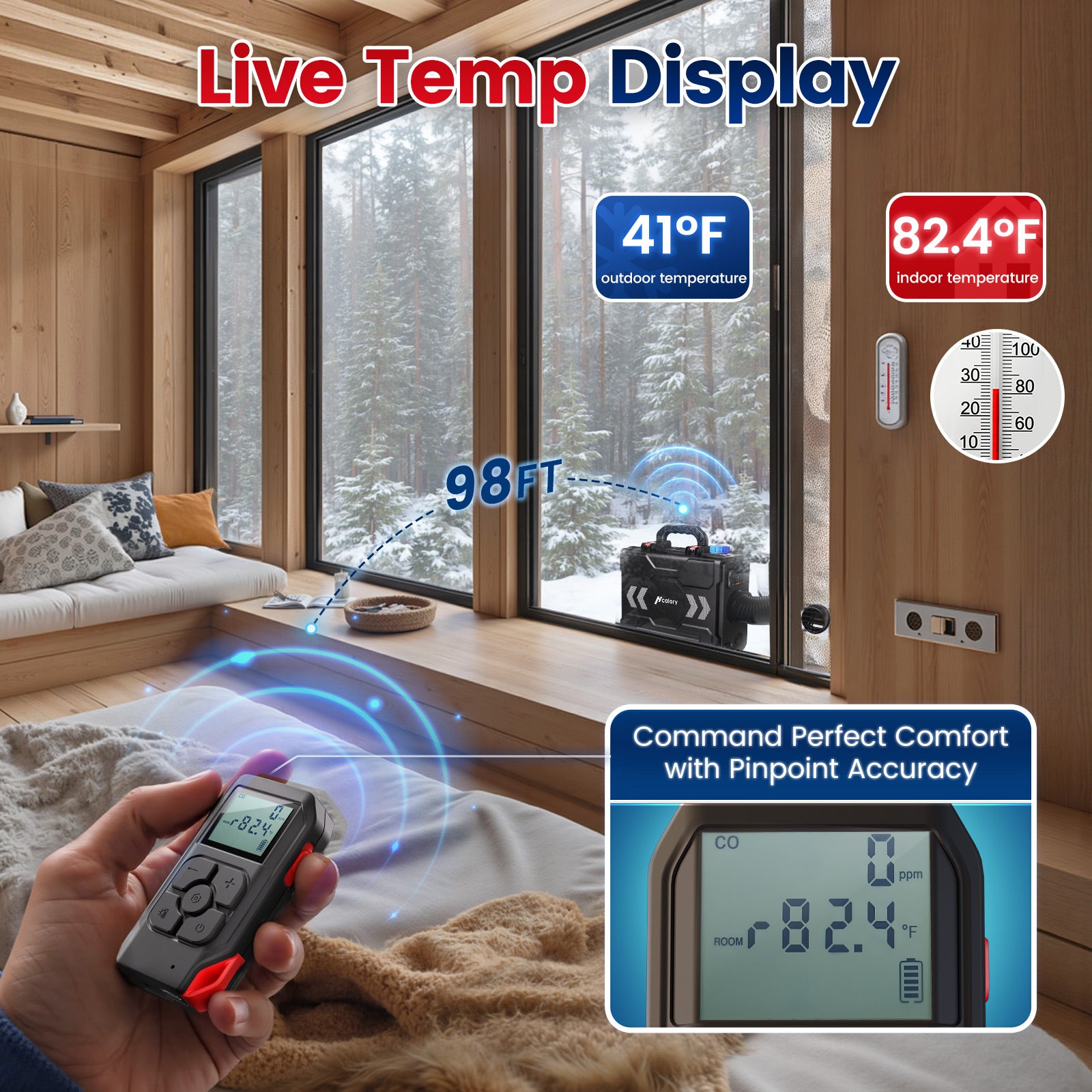 Remote Control Display Remote Control, Wireless Temp Sensing with CO Alarm - Hcalory